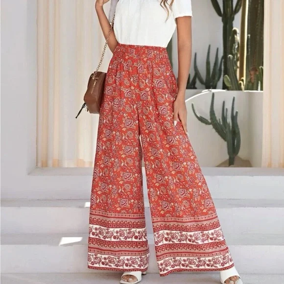 Boho Floral Print High Waist Wide Leg Palazzo Pants - Picture 1 of 5